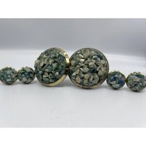 6 Pc MCM Green Blue Stone Resin Brass Drawer Knobs Dresser Pulls Cabinet Handles